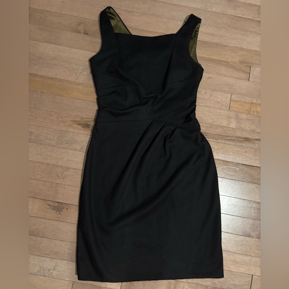 Diane von Furstenberg wool dress faux wrap black straight neckline high neck S